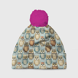 Шапка c помпоном Совы птицы паттерн