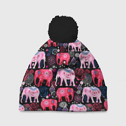Шапка с помпоном Орнамент разноцветных слонов, цвет: 3D-черный