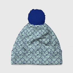 Шапка с помпоном Улыбающийся смайл с короной паттерны, цвет: 3D-тёмно-синий