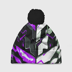 Шапка c помпоном Хаотичная фиолетово-белая абстракция на чёрном фон