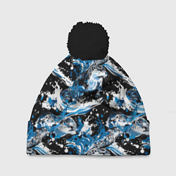 Шапка с помпоном Выдры в речке на волнах - паттерн, цвет: 3D-черный