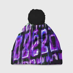 Шапка c помпоном Фиолетово-зелёная абстракция на чёрном фоне