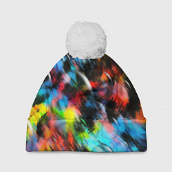 Шапка с помпоном Цветные краски абстракция, цвет: 3D-белый