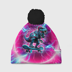 Шапка c помпоном Cyber tyrannosaurus is a cool skateboarder