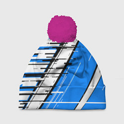 Шапка c помпоном Чёрно-белые глитч полосы на синем фоне