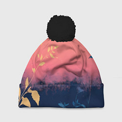 Шапка с помпоном Листья на сине-розовом фоне - нейросеть, цвет: 3D-черный