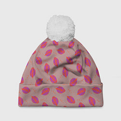 Шапка c помпоном Узор из пурпурных листьев