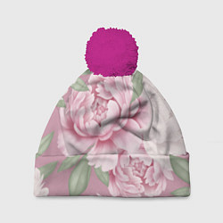 Шапка с помпоном Нежные пионы на пыльно-розовом фоне, цвет: 3D-малиновый