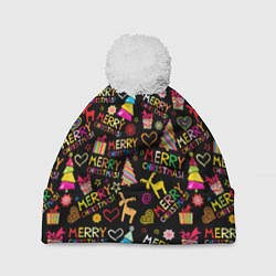 Шапка с помпоном Merry Christmas - паттерн, цвет: 3D-белый