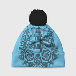 Шапка c помпоном Маяк с розами и кораблем