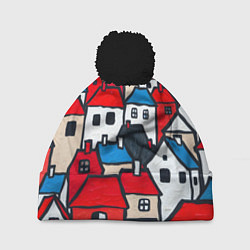 Шапка c помпоном Красные и белые домики