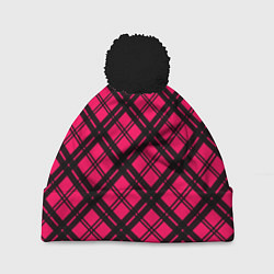 Шапка c помпоном Чёрно-розовый крупная клетка