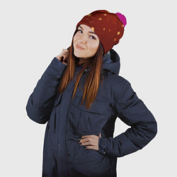 Шапка с помпоном Золотые звездочки на коричневой текстуре, цвет: 3D-малиновый — фото 2