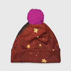 Шапка с помпоном Золотые звездочки на коричневой текстуре, цвет: 3D-малиновый