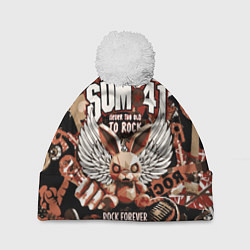 Шапка с помпоном Sum 41 на фоне кролика и гитар, цвет: 3D-белый