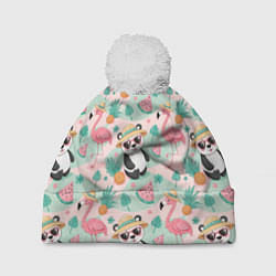 Шапка с помпоном Панда фламинго лето ананас, цвет: 3D-белый