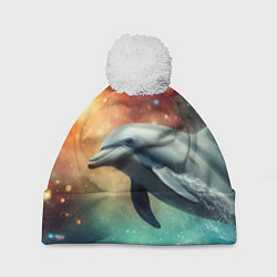 Шапка с помпоном Галактический дельфин - неоновый космос, цвет: 3D-белый