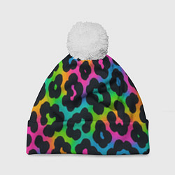 Шапка c помпоном Леопардовый узор на разноцветном фоне