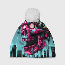 Шапка c помпоном Cyber skull - ai art fantasy