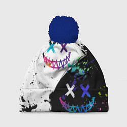 Шапка с помпоном Неоновые брызги - жуткие улыбки, цвет: 3D-тёмно-синий