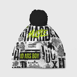 Шапка с помпоном Pattern with inscriptions hustle sand boy, цвет: 3D-черный