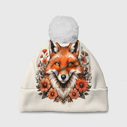 Шапка с помпоном Japanese fox in flowers, цвет: 3D-белый