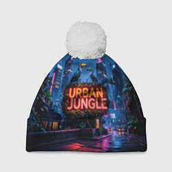 Шапка с помпоном Городские здания зеленые растения и попугаи, цвет: 3D-белый