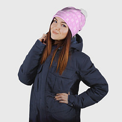 Шапка с помпоном Бело розовый ажурный кружевной узор, цвет: 3D-белый — фото 2