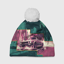 Шапка с помпоном Дрифтующий спорткар, цвет: 3D-белый