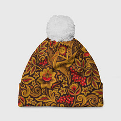 Шапка с помпоном Летучий корабль в стиле хохломской росписи, цвет: 3D-белый