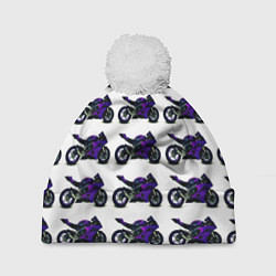 Шапка с помпоном Motorcycle purple gloss, цвет: 3D-белый