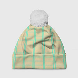 Шапка c помпоном Color beige cage blue stripes