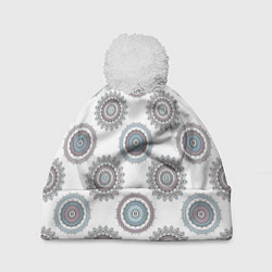 Шапка с помпоном Круглый разноцветный узор мандала, цвет: 3D-белый