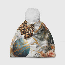 Шапка с помпоном Мрамор с цветами и леопардовый узор, цвет: 3D-белый
