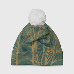 Шапка c помпоном Осенние деревья в тумане на зеленом фоне