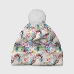 Шапка c помпоном Воробей в ярких цветах паттерн