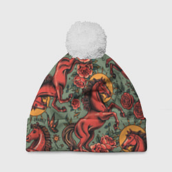 Шапка с помпоном Красный конь и розы, цвет: 3D-белый