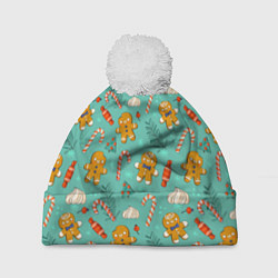 Шапка c помпоном Новогодний паттерн печенье с конфетами
