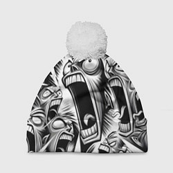 Шапка c помпоном Орущие рожицы и чёрные молнии - нейроарт