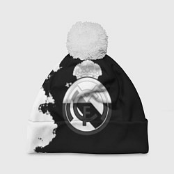Шапка с помпоном Реал Мадрид черно белые краски, цвет: 3D-белый