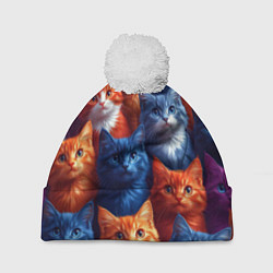 Шапка c помпоном Разноцветные котики паттерн