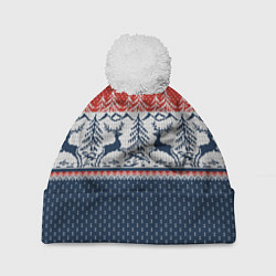 Шапка c помпоном Вязаный узор с оленями
