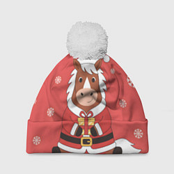 Шапка c помпоном Новогодняя лошадка с подарком