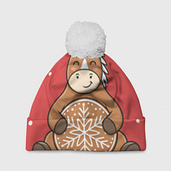 Шапка c помпоном Новогодняя лошадка с печенькой