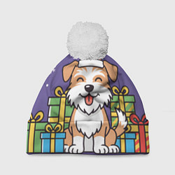 Шапка с помпоном Новогодняя собачка с подарками, цвет: 3D-белый