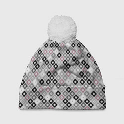 Шапка c помпоном Цветочный серо-розовый узор ретро