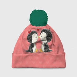 Шапка с помпоном Влюбленные пингвины, цвет: 3D-зеленый