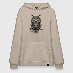 Толстовка-худи оверсайз Черная сова в узорах, цвет: миндальный