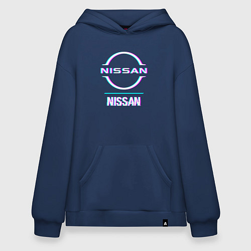 Худи оверсайз Значок Nissan в стиле glitch / Тёмно-синий – фото 1