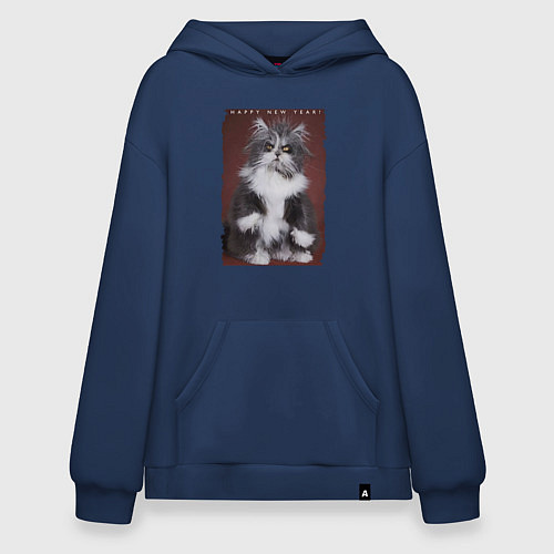 Худи оверсайз Happy New Year - Лохматый котяра / Тёмно-синий – фото 1